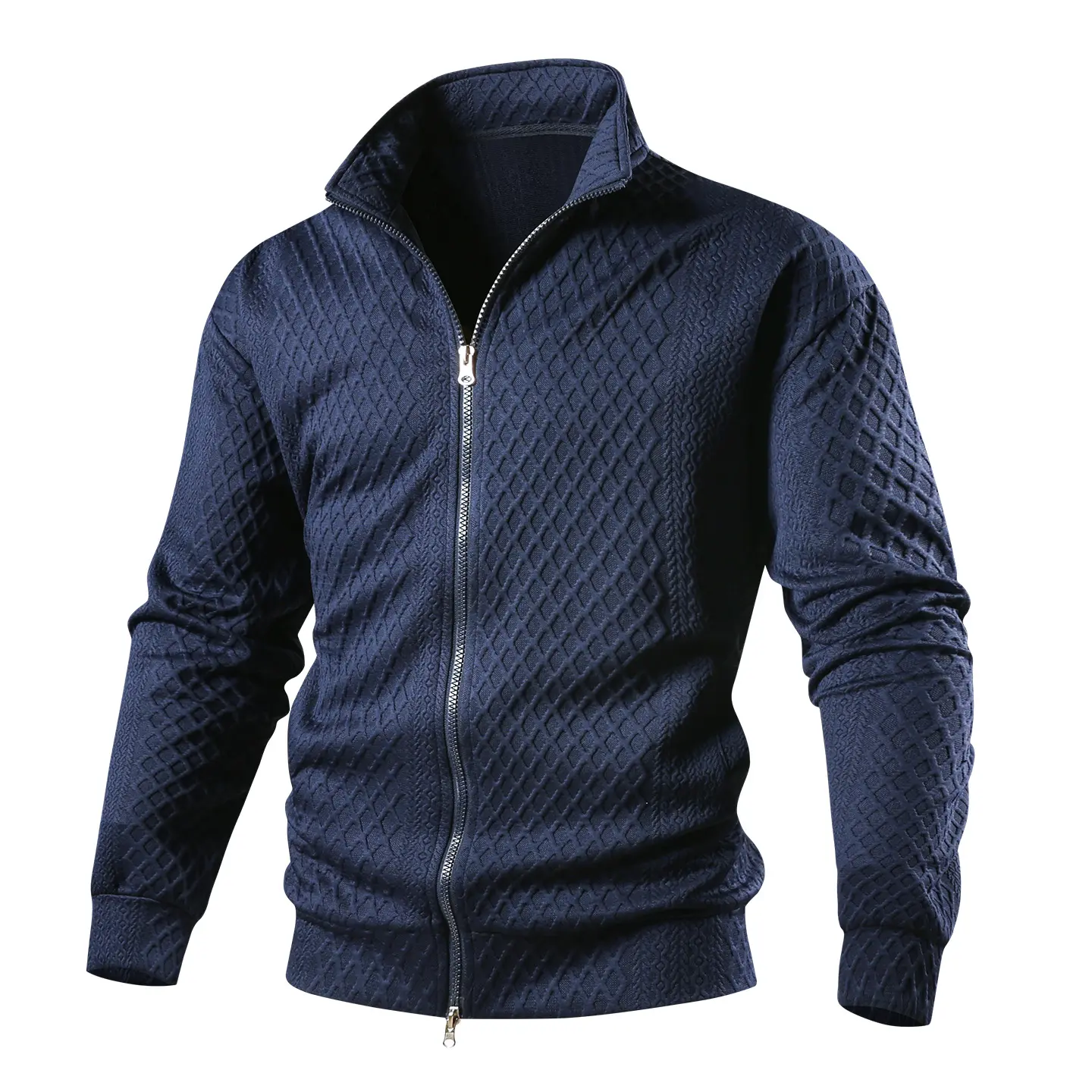 Men’s Navy Textured Zip Jacket - Stand Collar, Lightweight Quilted Construction, Slim Fit, Medium Length, Zip Closure, Machine Washable Urban Outerwear for Casual Spring & Autumn Wear