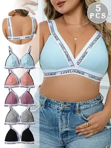 【Plus Size】 Letter Tape Bra, Breathable Comfy Bra, Casual Comfortable Breathable Wireless Wirefree Bra for Daily Wear, Women's Lingerie for All Seasons, Underwear