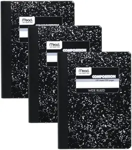 3 Pack Mead Composition Notebook, Wide Ruled Paper, 7-1/2" x 9-3/4", 100 Sheets per Comp Book, Black Marble, Gift for Bakc to Shool