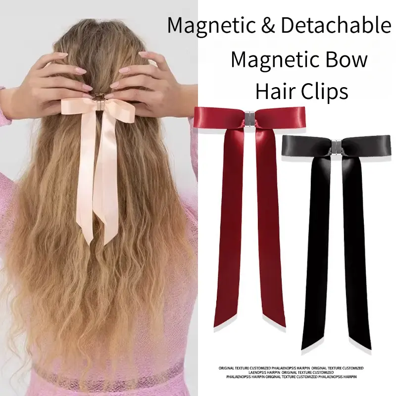 Popular foreign trade item: Sweet magnetic bow hair clip, detachable satin ballet-style ribbon hairpin for the back of the head, wholesale