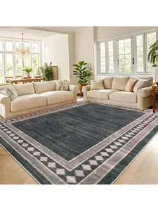 Black Brown-9*12 feet  Contemporary Machine Washable Area Rug Modern Geometric Floor Cover Non Slip Stylish  Bordered Accent Carpet Stain Resistant Low Pile Ultra Thin Pet Friendly Foldable Soft Indoor Mat For Kitchen Laundry Bedroom Livingroom