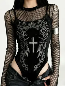 Women's Cross Plant Embroidery Mesh Patchwork Long Sleeve Velvet Transparent Sexy Round Neck Dark Vintage Jumpsuit Grunge Style Sheer Bodysuit