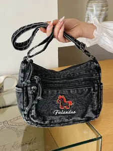 2026 New Vintage Women's Crossbody Bag, Horse Pattern Embroidery Letter Decoration, Multi-Pocket Shoulder Bag, Fashionable and Stylish