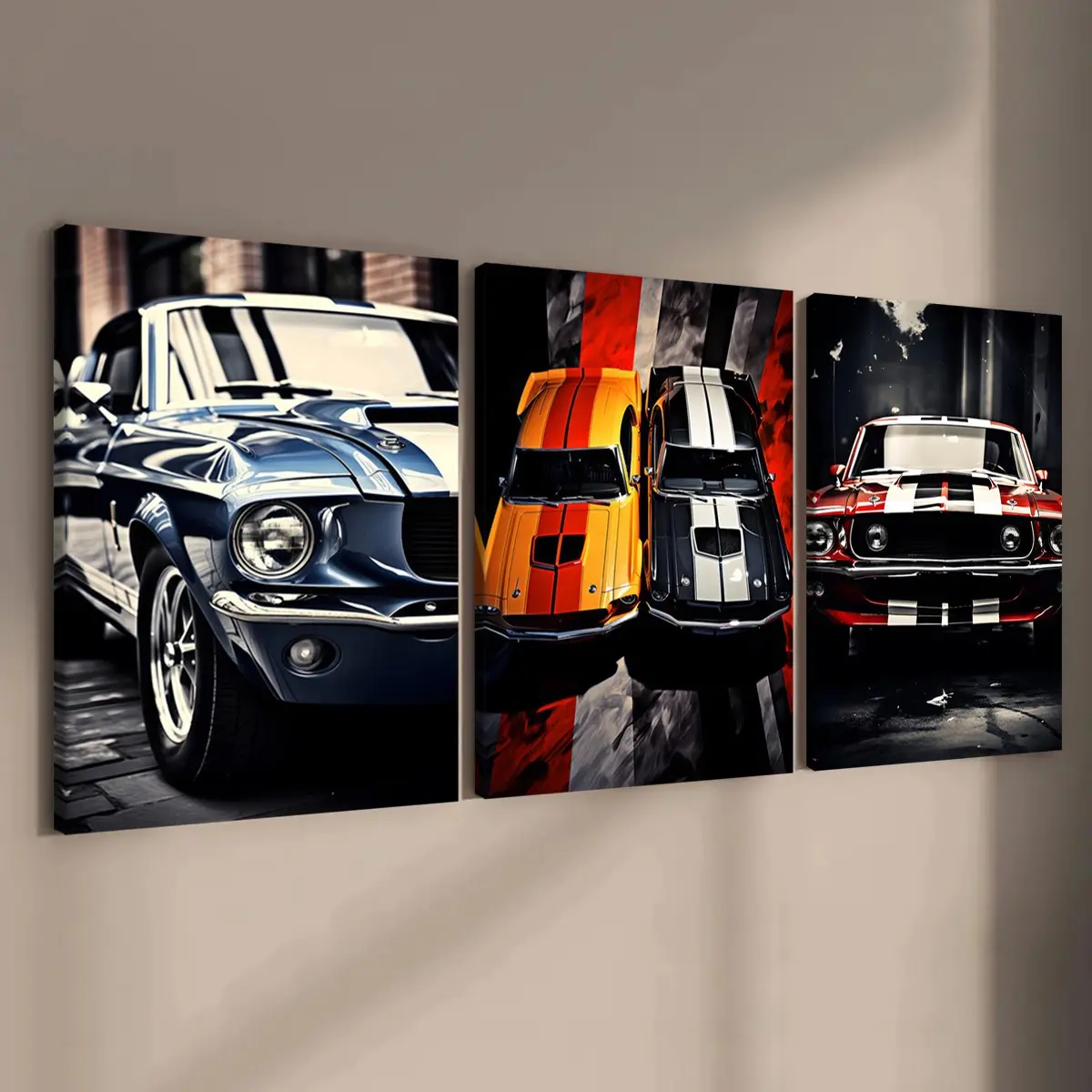3-count wooden frame canvas, classic sports car racing style theme poster, American muscle car dazzling decoration, art, Artwork, home decor, artistic indoor decoration, modern family poster, corridor wall art, waterproof, Modern Art Design