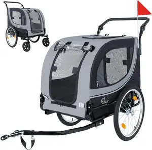 2-in-1 Bike Trailer & Pet Stroller for Dogs up to 100lbs – Foldable Pet Carrier Cart with Two 8" Front Casters & 20" Quick Release Air-Filled Wheels, Breathable Mesh & PVC Rain Cover,Gray