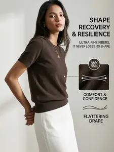 Women's Crew Neck Knit Tops Short Sleeve Summer Sweater Ribbed Cuffs Casual Solid Basic Pullover T-Shirts Business Casual Blouse