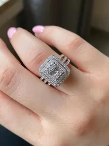 Women's Elegant Square Shaped Artificial Diamond Ring, Exquisite Trendy Ring, Fashionable Jewelry for Women As Engagement & Wedding Anniversary Gift, Double Layered Ring, Diamond Halo Ring