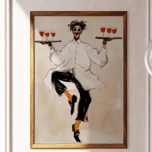 Whimsical Waiter Print Dancing Sommelier Poster Wine Lover Wall Art Modern Eclectic Home Decor