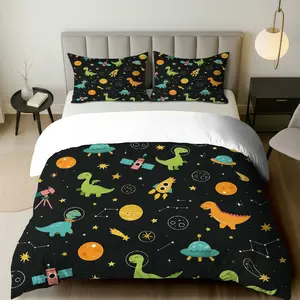 3PCS Duvet Cover Set, 1 Duvet+2 Pillowcases(Without filler), Dinosaur Space Rocket Planet Astronaut theme, Christmas bedding set, Galaxy Star Suitable for decoration Bedroom Living room Guest room Dormitory.