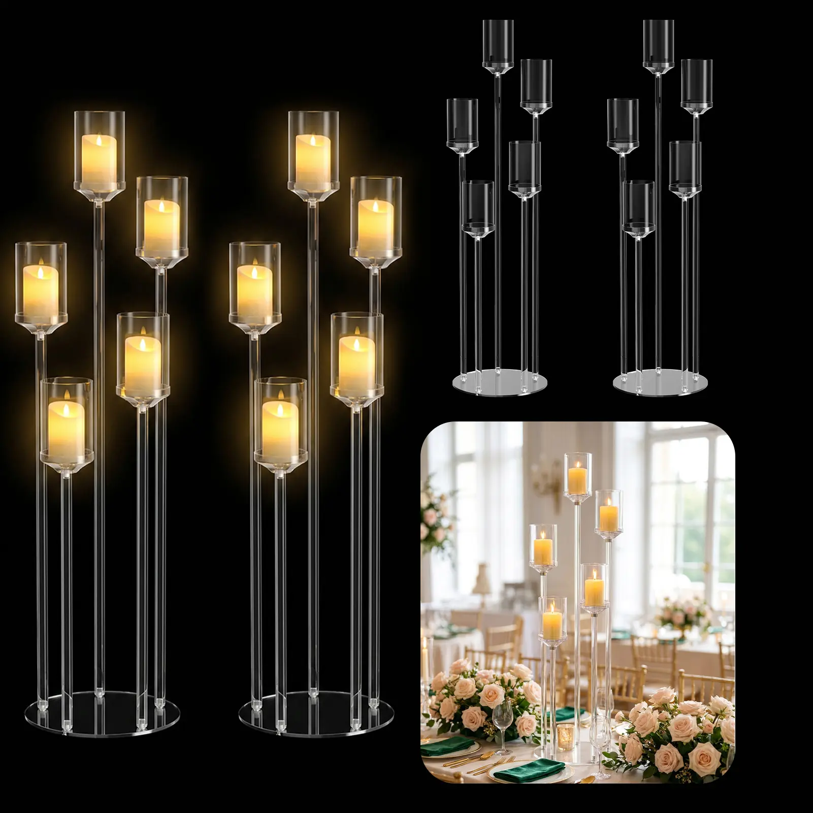 4 Pack 5-Arm Acrylic Candelabra Centerpiece for Table, Candle Candlestick Holder Tall Clear Centerpieces for Wedding, Party, Home Decor, Fits 1.6'' LED Candles