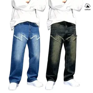 Men's High Cotton Lightning Patchwork Baggy Jeans, Vintage Washed Frayed Streetwear Denim Pants, Hip Hop Distressed Loose Fit Wide Leg Jeans for Men