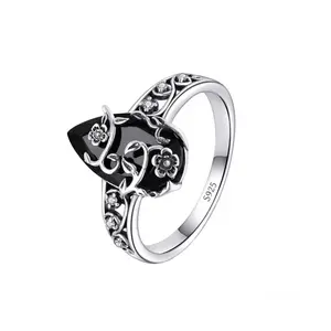 HXS Vintage Black Onyx Flower Ring | 925 Sterling Silver Gothic Jewelry