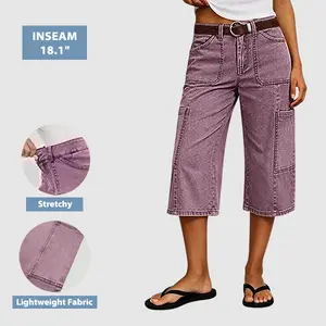Flamingals Stitch Detail Side Pocket Mid Waist Straight Leg Capri Pants Without Belt Summer Vibes