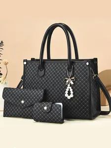 3-Piece Plaid Print Tote Bag Set, Luxurious Vintage Style Large Capacity Layered Storage Daily Commute Shoulder Bag