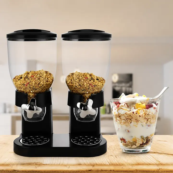 Modern Black Metal Self-Dispensing Airtight Food Container with Lid - 1-Piece 1L Dispenser, Grain Canisters for Countertop Cereal, Coffee Preservation