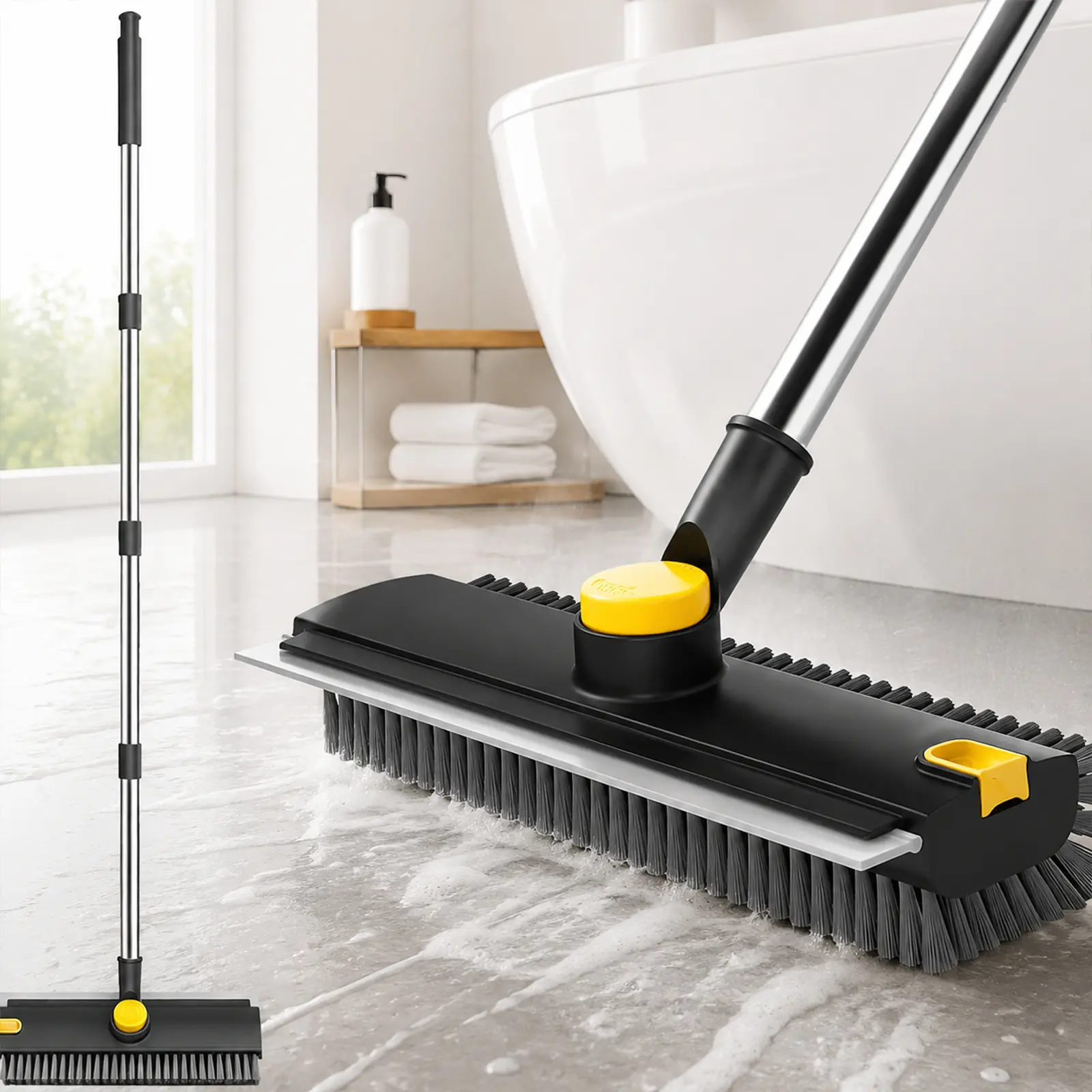 3-in-1 Heavy Duty Rotatable Floor Scrub Brush with Adjustable Stainless Steel Long Handle, Silicone Bristle Broom, Comfortable Household Cleaner for Tile, Glass - Indoor Recreation Multi-Surface Cleaning Supplies, Functional, Home Care, Rotating Head, Til