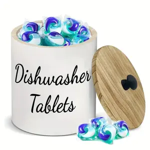 Wooden Dishwasher Detergent Pod Holder, 1 Count Dishwasher Tablet Storage Box with Lid, Home Organizer for Laundry Room Bathroom Kitchen, Soap Container