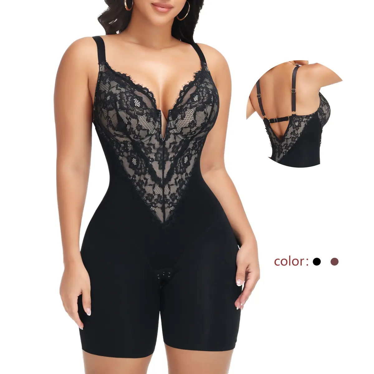 JOSHINE SHAPER Women's Lace Compression Bodysuit - Shapewear for Women, Sexy Faja, Tummy Control, V-Neck, Low Back, Butt Lifter, Breathable, Lightweight Shorts Body Suit, Black Body Shaping Set Womenswear Post Surgery Bodysuit High Waist Bodysuit Basic Mi