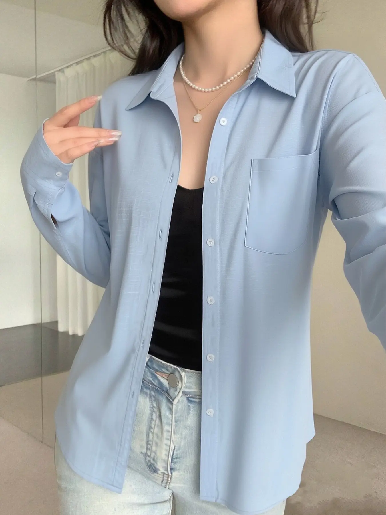 Light Blue Button Down Long Sleeves Shirt with Chest Pocket - Minimalist Office & Casual Blouse