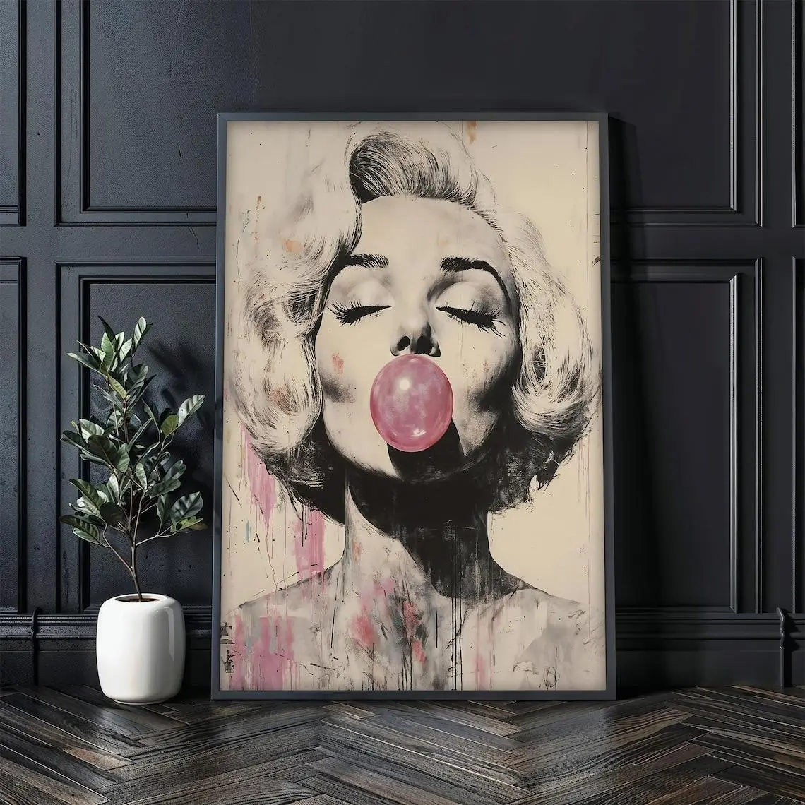 Marilyn Monroe Bubble Gum Graffiti Canvas Wall Art, Vintage Pop Art Portrait Print, Modern Feminine Bedroom Decor Unframed Canvas Poster, Frame Not Included