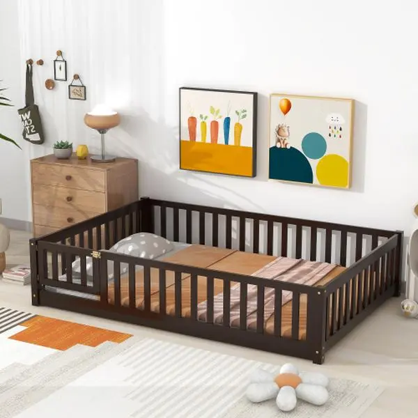 Bellemave Full Size Single Person Toddler Floor Bed - Rubber Wood Frame with Safety Rails, Fence and Door, Toddler Bed