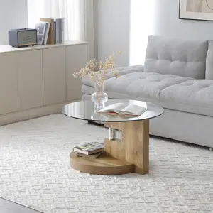 Retro Textured Wood Glass Top Coffee Table - Circle Disc-Shaped 2-Level Design, MDF Base, 220 LBS Load Capacity, Stable Support, Complete Tools & Manual, Easy Assembly Living Room Indoor Furniture, Textured Coffee Tables, Two-Level Coffee Tables