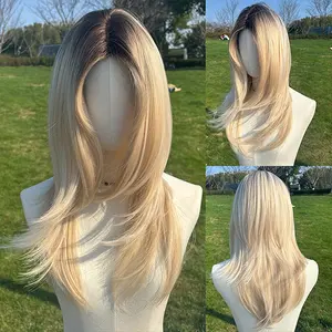 SMILCO/24Inch Ombre Brown Ash Gold Medium Straight with Bangs Synthetic Wig for Versatile Styling/SM434