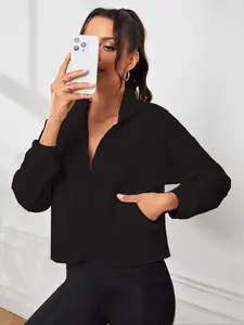 Women's Solid Fitted Zip Up Sports Jacket, Casual Long Sleeve High Collar Outerwear for Gym Workout Running, Ladies Sportswear for All Seasons, Womenswear