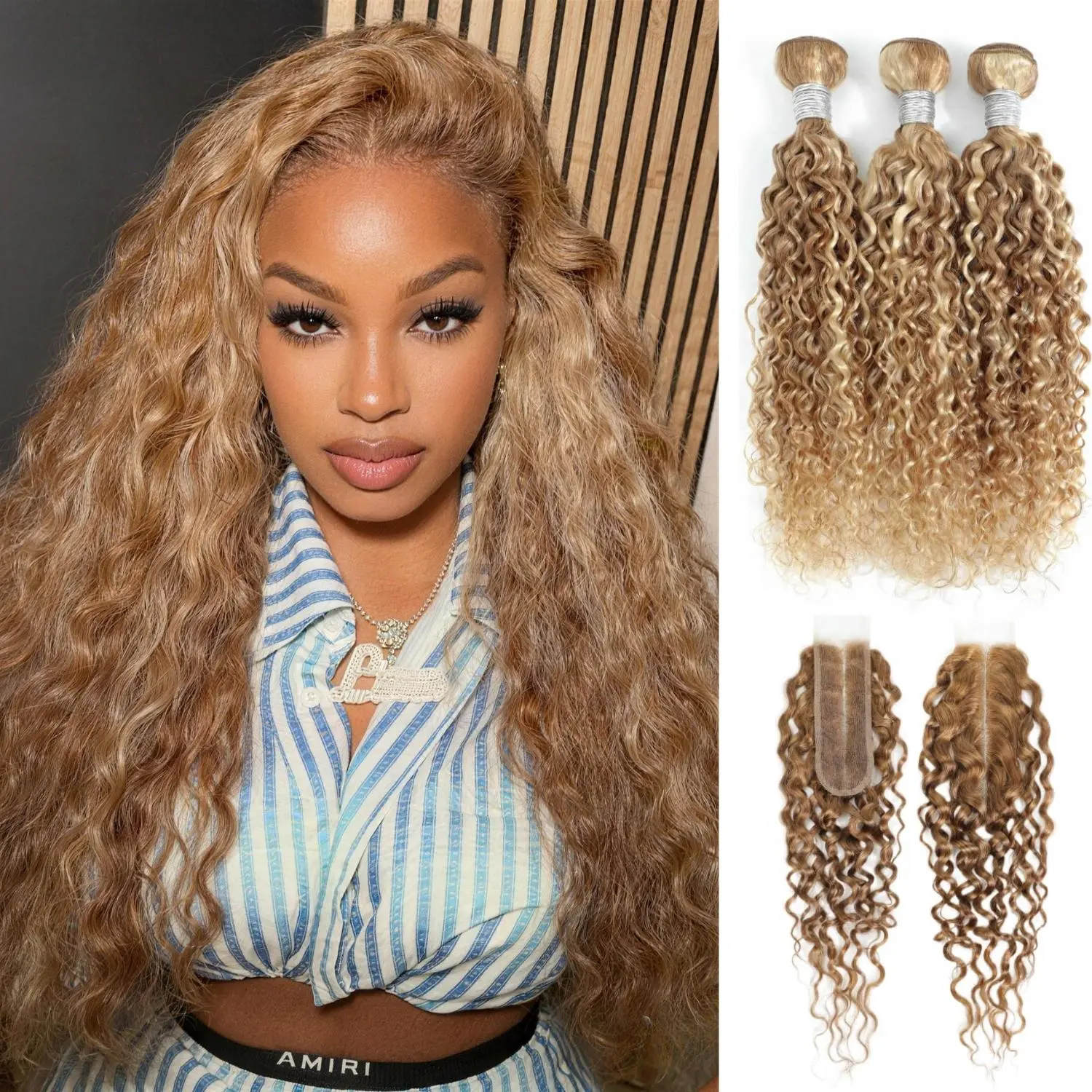 ALHER Blonde Highlight 3 Bundles with 2x6 Closure Water Wave Human Hair 13A Virgin #F27/613 Human Hair 3 Bundles with Color #27 Honey Blonde 2x6 HD Lace Closure Deep Parting Wet n Wavy Weave 100% Raw Brazilian Silky Colored Hair Bundle Weaves Extension