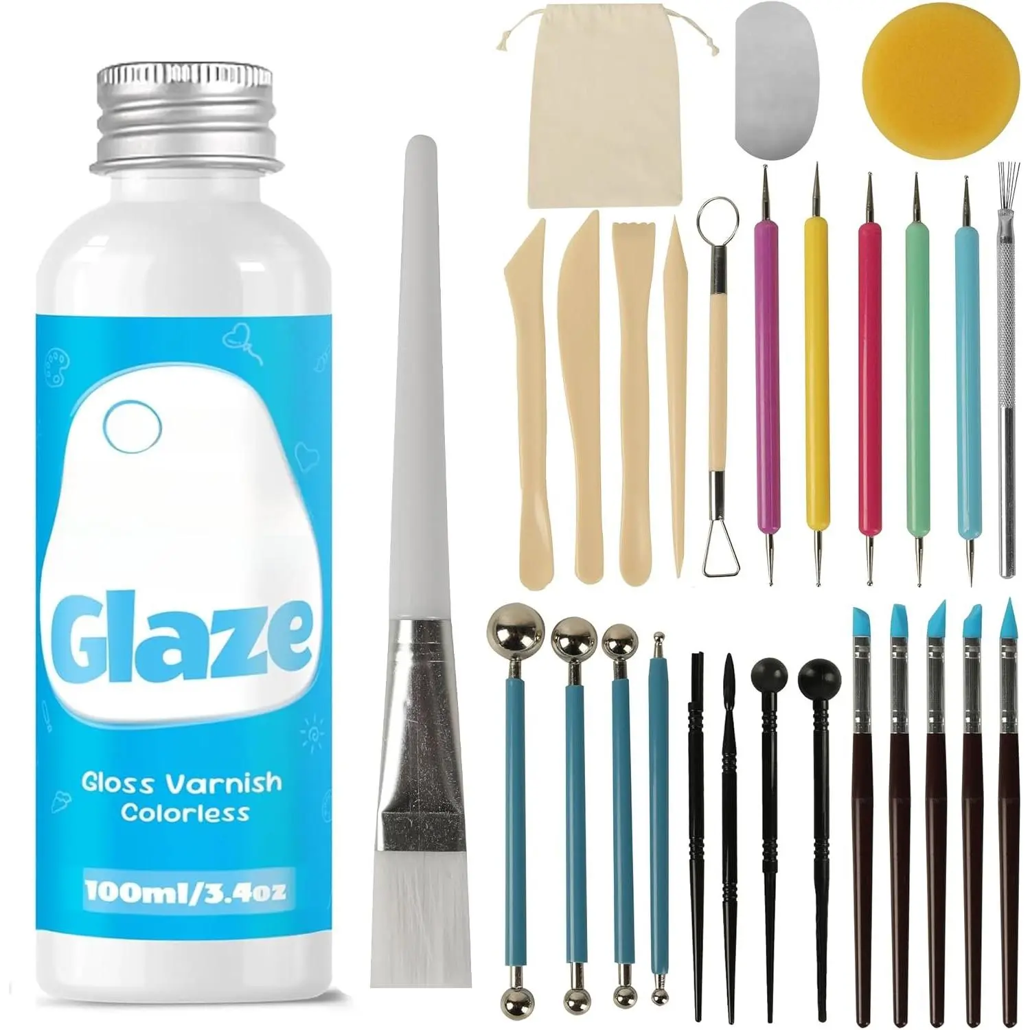 100ml Gloss Air Dry Clay  with 29 count Clay Tools Kit - Clay Varnish Sealant for Surface Protection, Pottery and Sculpting Tools for Carving, Shaping, and Molding Crafts