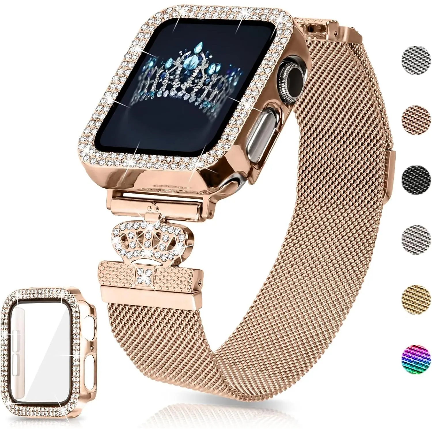 Magnetic Band Compatible with Apple Watch 38mm 40mm 41mm 42mm 44mm 45mm Stainless Steel Metal Strap with Bling Case and Built-in Screen Protector, Dressy Milanese Loop iWatch Bands for Women