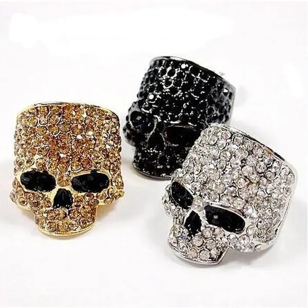 Chunky Statement Punk Rings for Men, Edgy Skull Pendant Ring with Rhinestones, Goth Macabre Metal Fashion Costume Jewelry, Chunky Statement Rings