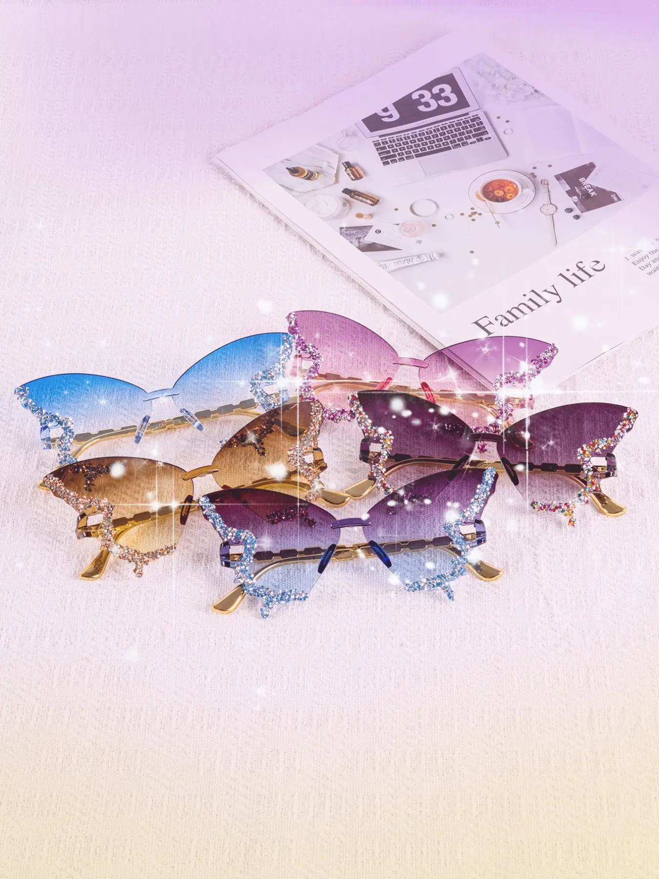 Butterfly Shape Rhinestone Frameless Fashion Glasses for Women, Party Dance Show Personality Funny Sunglasses, 1pcs, Fashionable Sunglasses