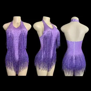 Sparkly Rhinestones Fringe Bodysuit WomenVightclub Party Dance Costume Stage Wear SexyTassel Leotard Performance Clothing 7G Womenswear Tops Rose Style Spandex Sky Girl Fabric Light Summer(Sheet)