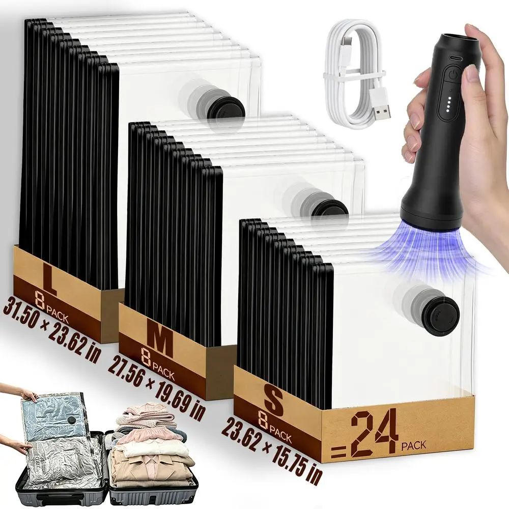 Travel Vacuum Plastic Bags Multi-Size Set with USB Pump, Rechargeable Handheld USB Pump Vacuum Storage Rectangular Pouches for Travel Luggage Organizing, Space Saver Clothes Bags