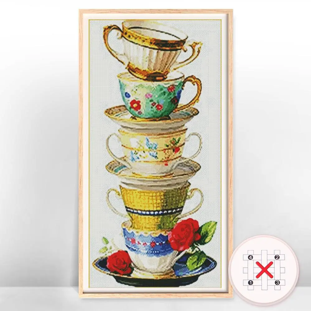 Coffee Cup Pattern Cross Stitch Kit, 1 Set Coffee Cup Pattern Cross Stitch Printed Canvas, DIY Cross Stitch Kit for Beginners, Cross Stitch Kit for Gift