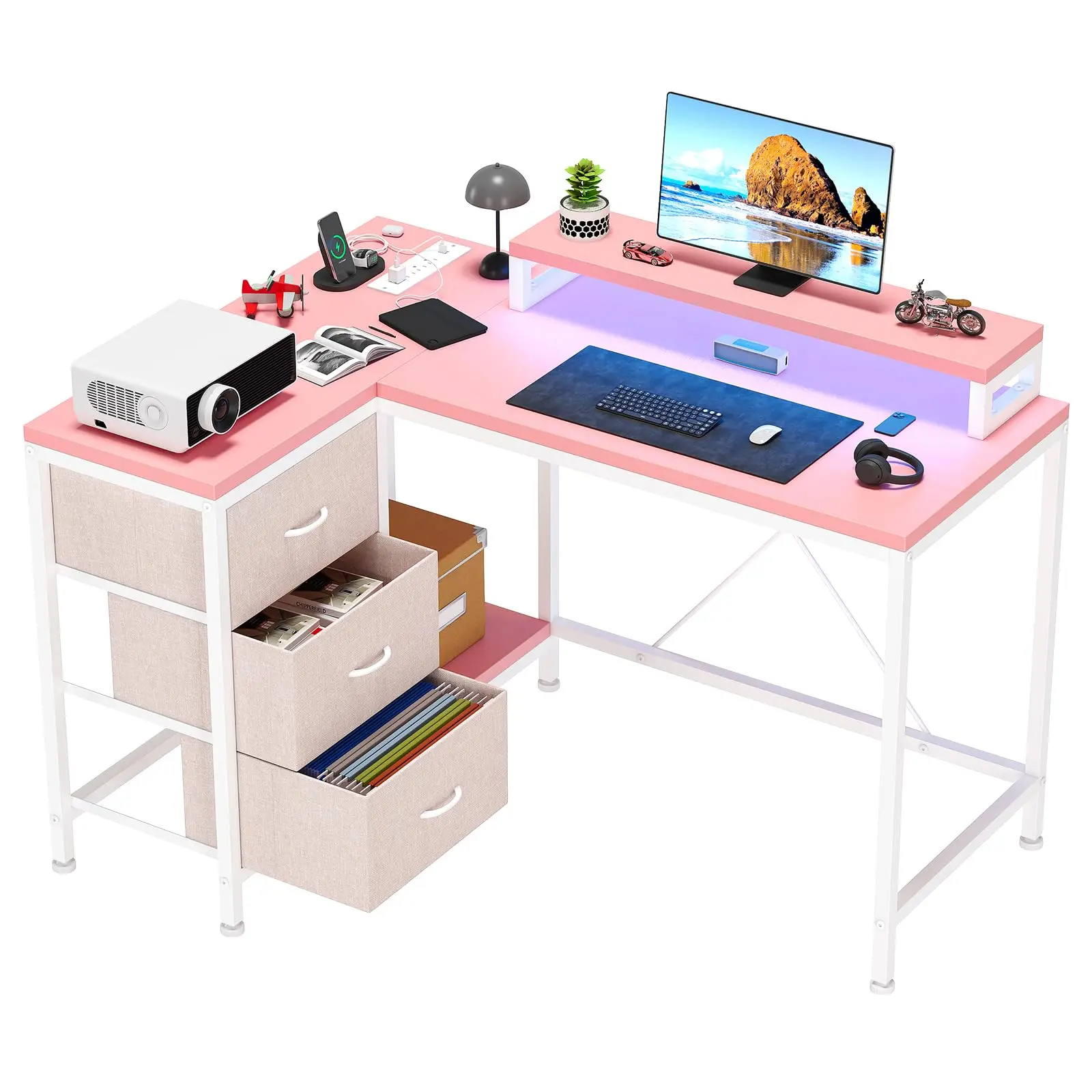 【GARVEE】Reversible L Shaped Desk With Power Outlet and 3 Drawer, Computer Desk With Led Lights, Home Office Desk With Monitor Stand,Study Writing Gaming Desk,Pink
