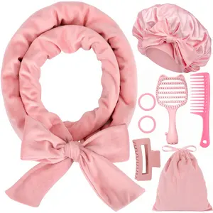8 Sets Heatless Curls Kit with Double Layer Satin Bonnet – Hair Care Set for Sleeping, Silky Night Cap with Elastic Tie Band for Curly Hair, Includes 2 Combs