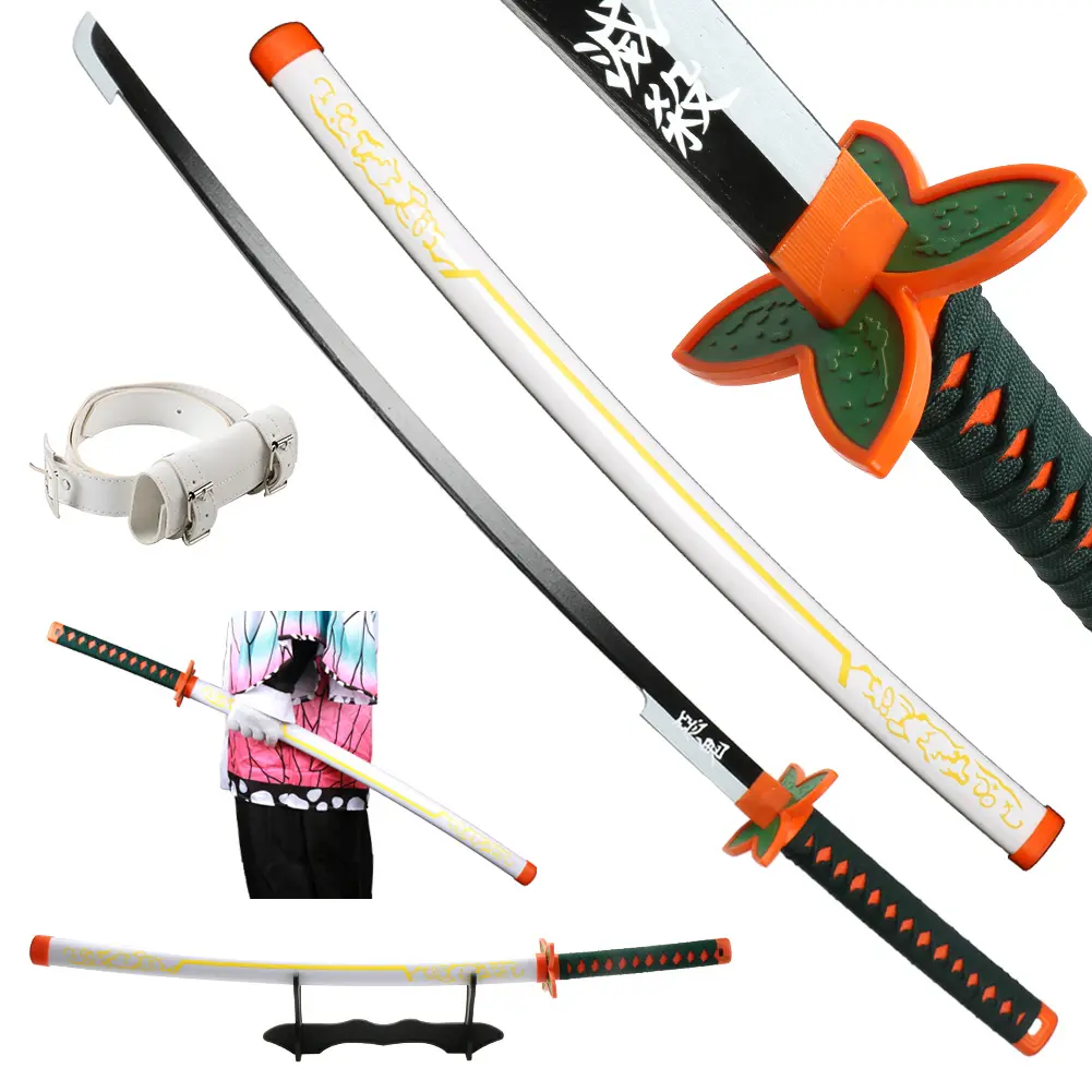 ELERVINO 41-in Bamboo Wooden Blade Demon Slayer Anime Sword (Plastic, 1.1 lb) - Kochou Shinobu Sword with White Belt, Holder Stand, Christmas Collectibles for Adults 12+, Cosplay Props, Decoration