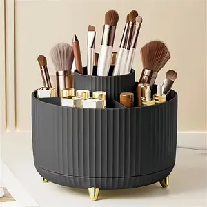 Rotating desktop storage box with 5 compartments featuring luxurious stripes; multifunctional desktop organizer that can store makeup brushes, lipsticks, skincare products, jewelry, stationery, and more—durable storage box.