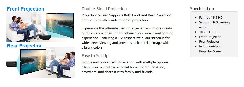 Projector Screen, 80 inch Foldable Portable Rear Front Projector Screen Indoor Outdoor 4K 16:9 HD Double Sided Projection Movies Screen for Camping Party,Backyard Home Theater