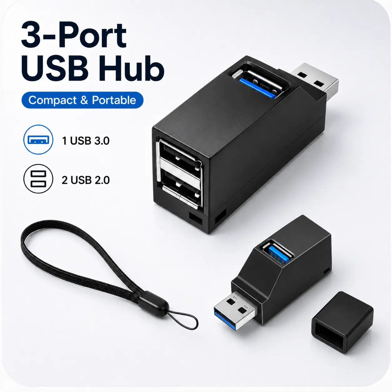 3-Port USB Hub USB-A Splitter with 1 USB 3.0 & 2 USB 2.0 Ports, Compact Cable-Free Plug and Play Adapter with Lanyard for Laptop PC Desktop Keyboard Mouse Flash Drive Printer