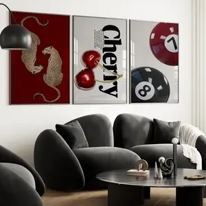 Set of 3 Trendy Wall Art Prints – Leopard, Cherry, Billiard Ball Posters, Retro Preppy Aesthetic Artwork, Room Decor, Unframed