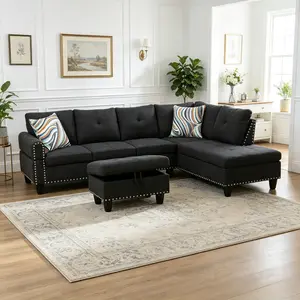 Black Grey Linen 3-Piece Sofa Set, crafted from premium natural linen with breathable texture. Elegant black-grey color scheme delivers a minimalist look, sturdy build for daily home use.