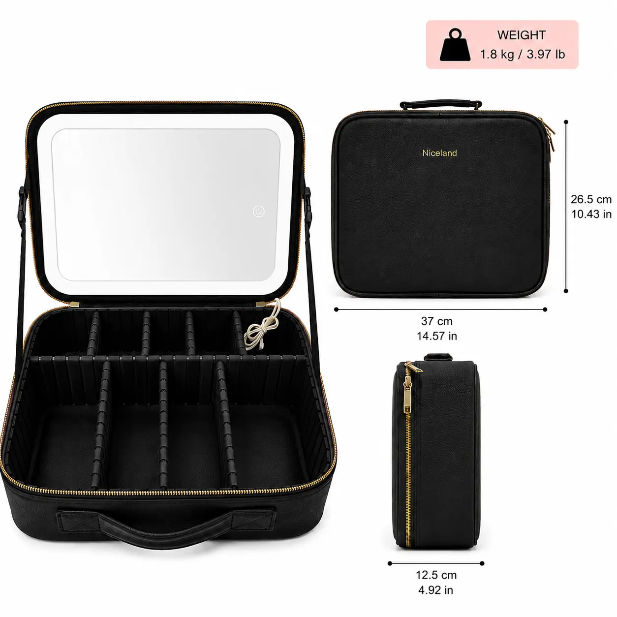 Extra Large Makeup Bag with LED Mirror, Adjustable Dividers, 11 Compartment Storage Organization for On-the-Go Travel Makeup & Skincare, Black