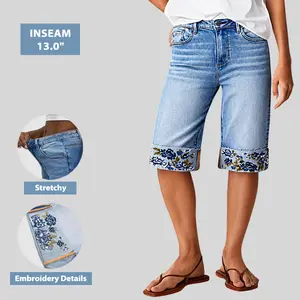 Flamingals Wash Roll Hem Embroidery Mid Waist Bermuda Shorts Womens Casual Denim