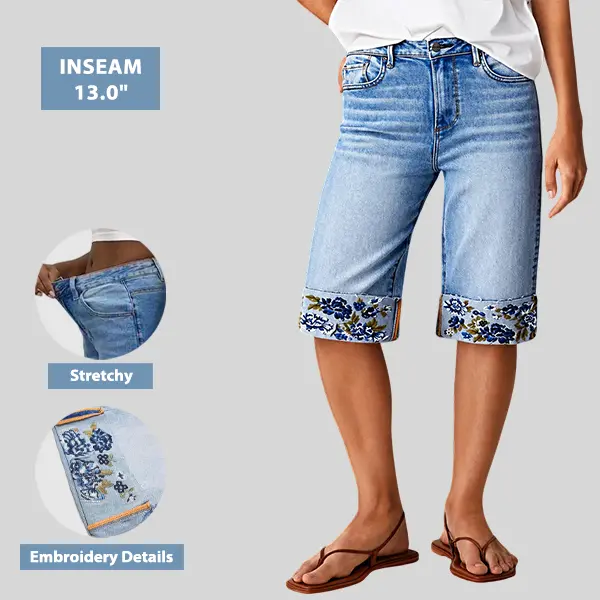 Flamingals Wash Roll Hem Embroidery Mid Waist Bermuda Shorts Womens Casual Denim