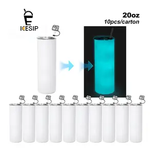 UVDTF 20OZ Sublimation GLOW TO DARK BLUE Green Straight Skinny Tumbler with UV Stickers and Silicone Topper Cover For DIY GIFT Halloween Party decor DIY gift