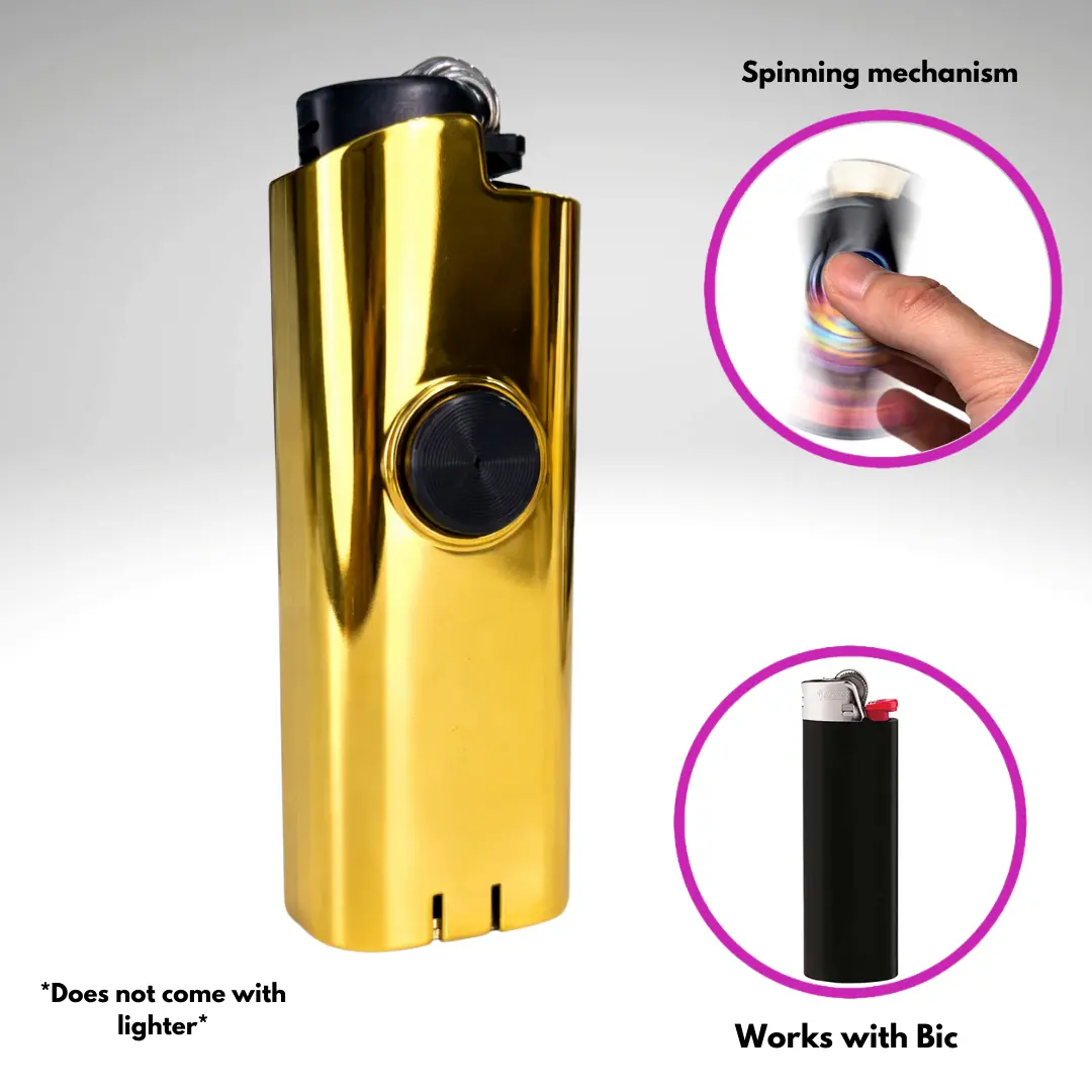 FLKR LYTR Gold Member Fidget Spinner Lighter Case Accessory - Durable Plastic Polypropylene Bic Holder, Secure Snug Fit, Spinning Cap, Touch-Activated Modern Home Decor for Daily Users with Gold Spin Flair, Lightweight Single Piece