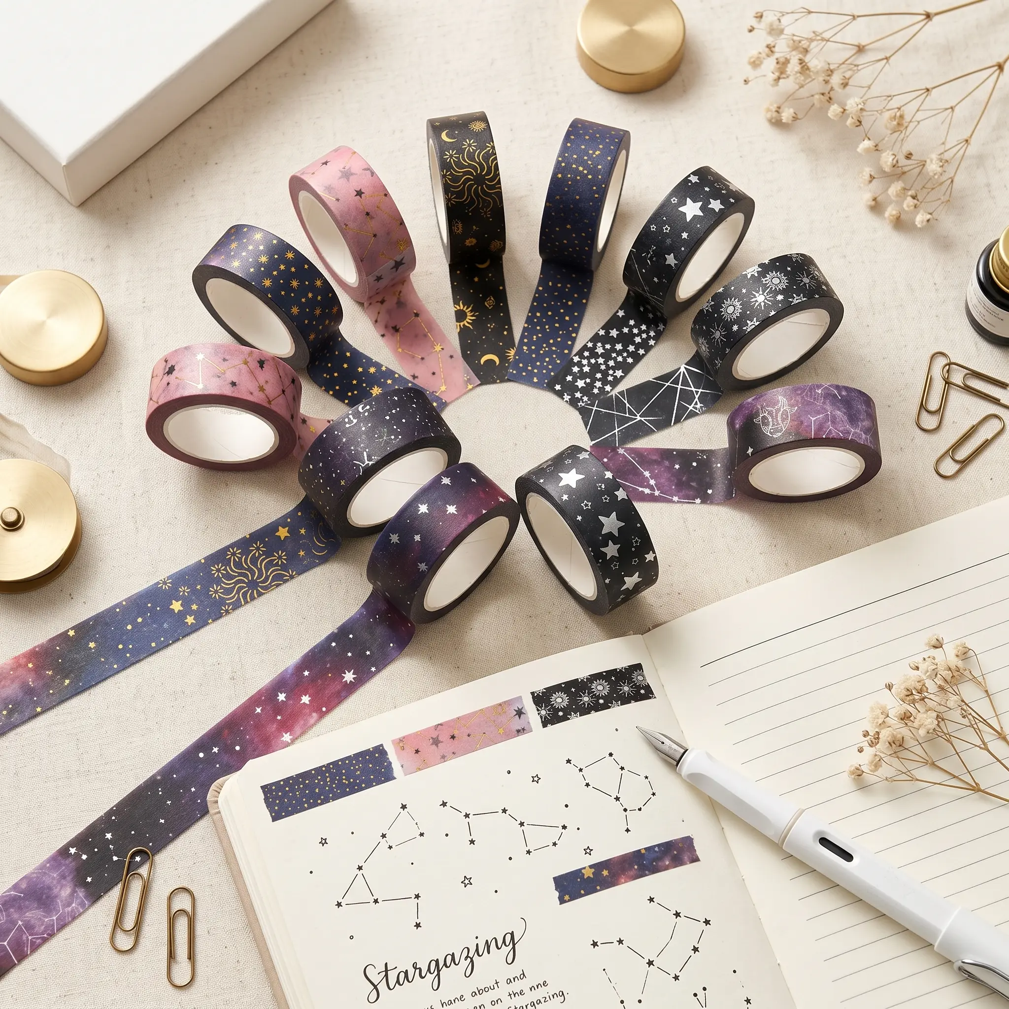 12 Rolls Starry Universe Washi Tape Set, 15mm Decorative Craft Tape with Foil Accents, Galaxy Scrapbook Tape for Journaling, Planner, Gift Wrapping, DIY Crafts and Card Making